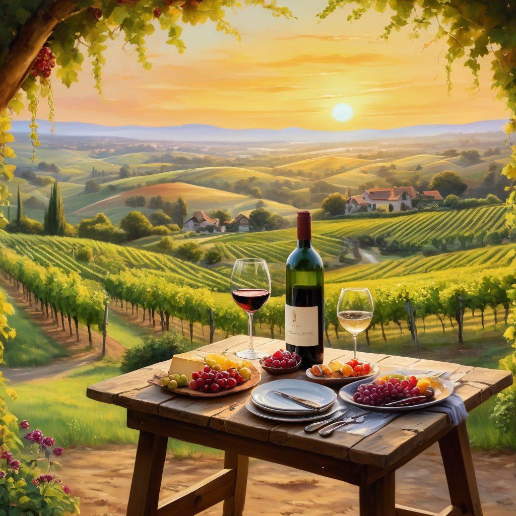 A picturesque vineyard at sunset, with lush grapevines stretching across rolling hills. Include a rustic wooden table set for a wine tasting, featuring an array of wine glasses, a bottle of red wine, and a cheese platter. People enjoying a guided tour in the background, discussing wine culture amidst fragrant flowers. Soft golden light illuminating the scene for warmth and inviting ambiance. painting. vibrant colors.