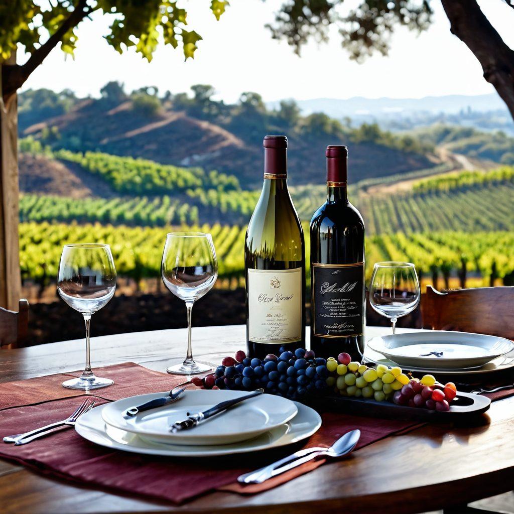 A beautifully arranged dining table with an elegant wine bottle and glasses, surrounded by gourmet dishes that pair with the wine. Soft ambient lighting enhances the atmosphere, showcasing a background of vineyards rolling in the distance. Include a chalkboard menu displaying wine pairings creatively. Artfully styled with rich colors and intricate details. super-realistic. vibrant colors. soft focus.