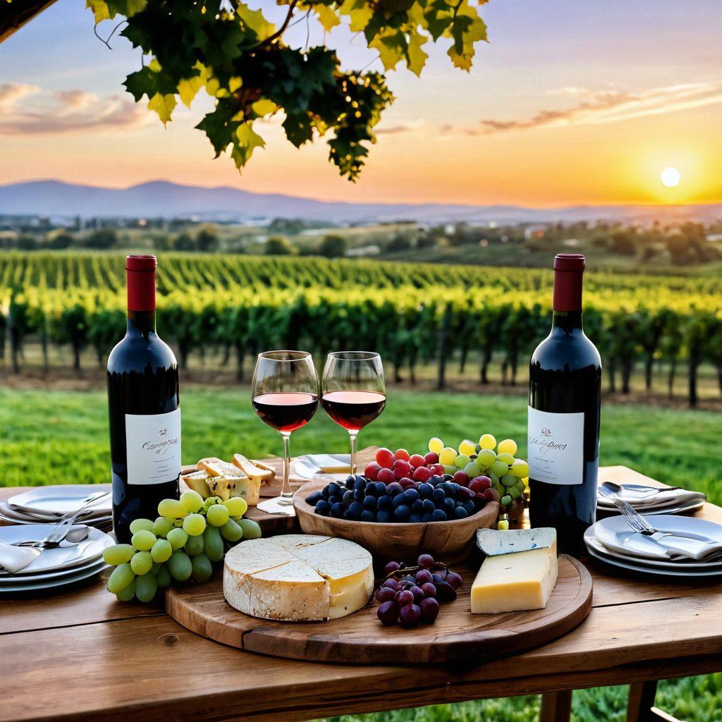 A beautifully arranged wine tasting setup featuring an elegant wooden table adorned with various wine bottles, glasses filled with red and white wine, and a platter of gourmet cheese and grapes. In the background, lush vineyards under a sunset sky, with a couple enjoying a romantic wine pairing experience. Add textures representing wine production, like barrels and grapevines. super-realistic. vibrant colors. 3D.